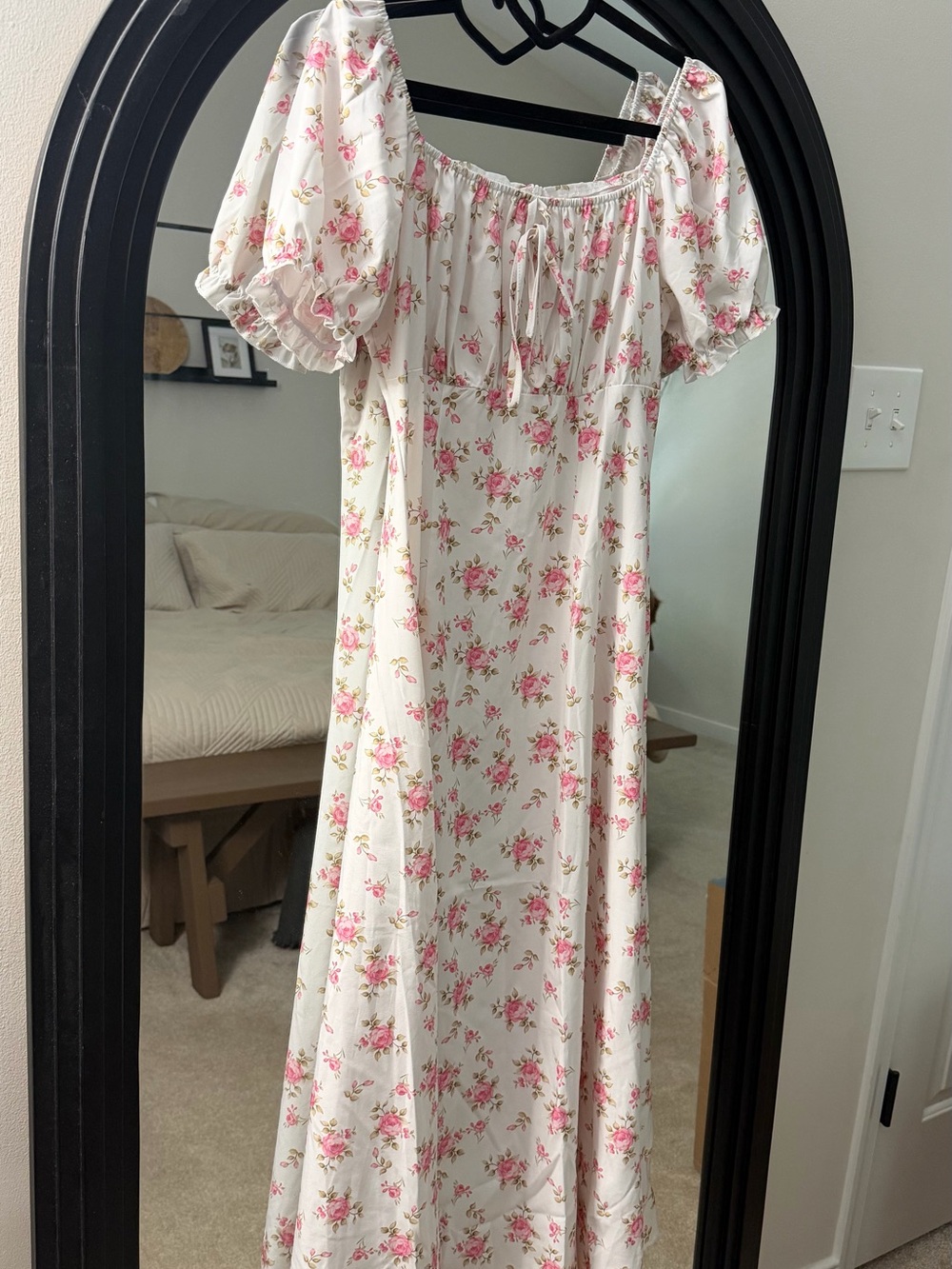 SHEIN White Floral Puff-Sleeve Dress with Pink Rose Print